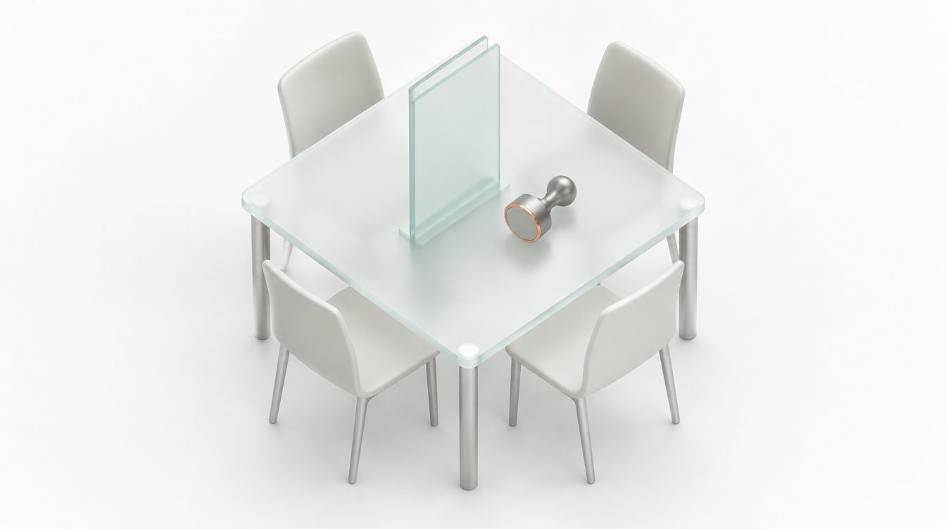 Ein gl&auml;serner Ratstisch mit einem aufrechten Glasblatt, daneben ein Siegel mit Kupferring