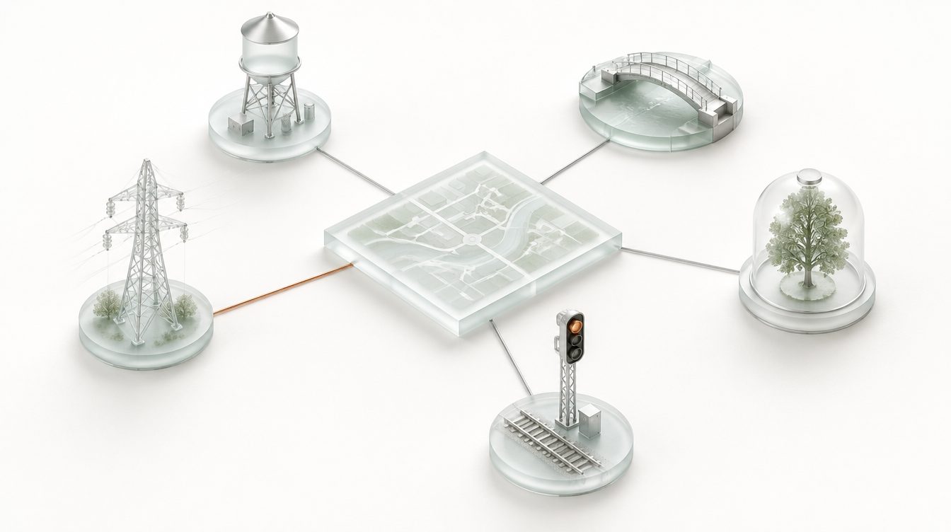 Eine Planplatte im Kreis kleiner Glasmodelle: Wasserturm, Brücke, Baum, Mast, Signal, eine Linie kupfern