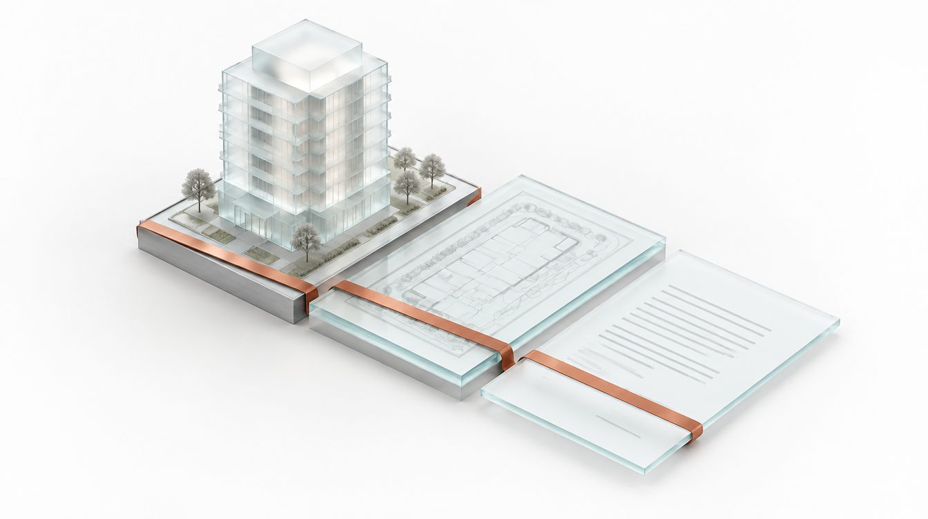Ein Geb&auml;udemodell, eine Planplatte und ein Vertragsblatt aus Glas, von einem Kupferband zusammengehalten